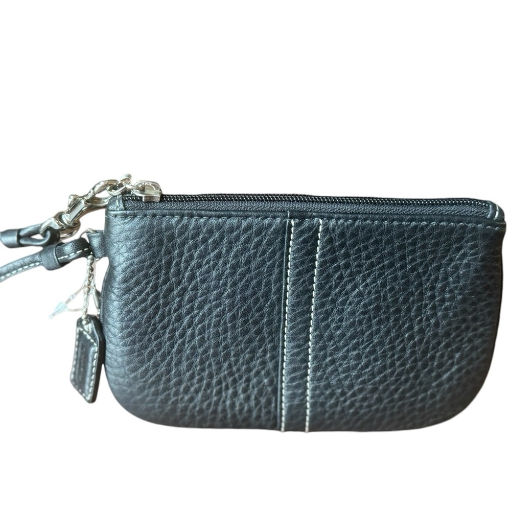 Coach Small Black Pebbled Leather Wristlet with White Stitching